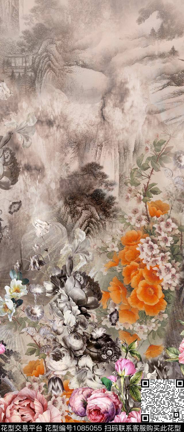 花卉旗袍定位花数码印花华亿平台下载（图片编号: 1085055） - 瓦栏（Walan）