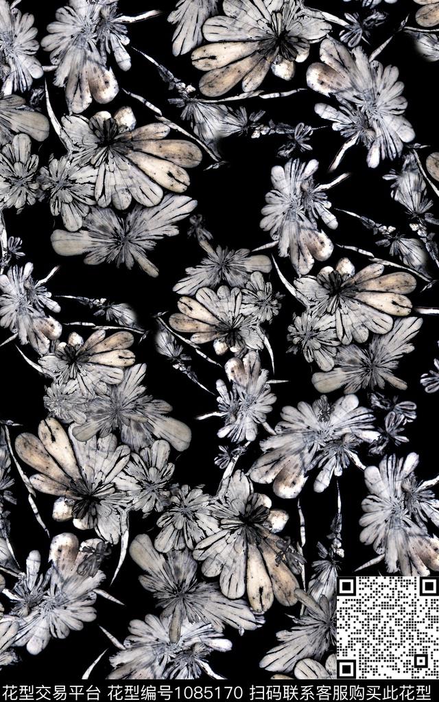 黑白华亿平台花卉笔触数码印花华亿平台下载（图片编号: 1085170） - 瓦栏（Walan）