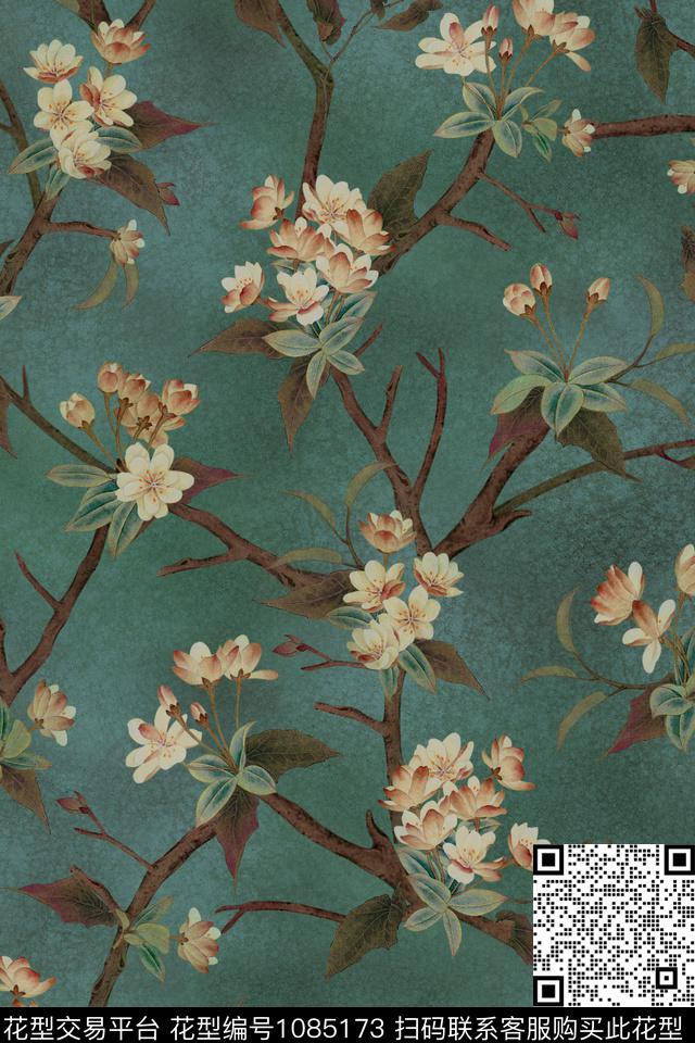 树枝香云纱中国风数码印花华亿平台下载（图片编号: 1085173） - 瓦栏（Walan）