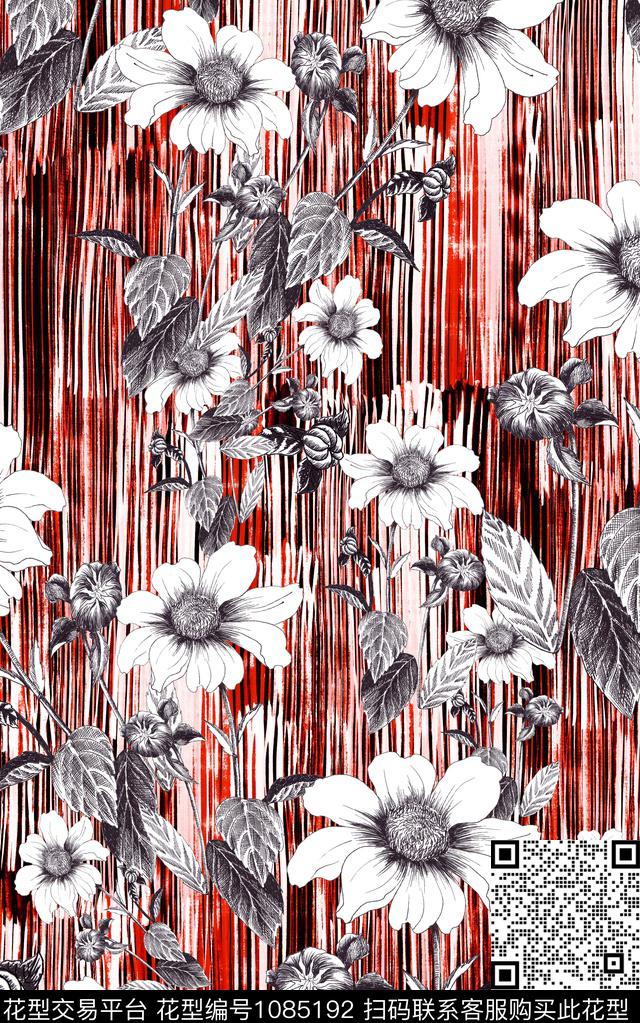 线条花卉手绘线条数码印花华亿平台下载（图片编号: 1085192） - 瓦栏（Walan）