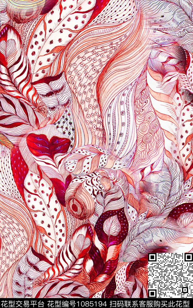 线条花卉手绘线条数码印花华亿平台下载（图片编号: 1085194） - 瓦栏（Walan）