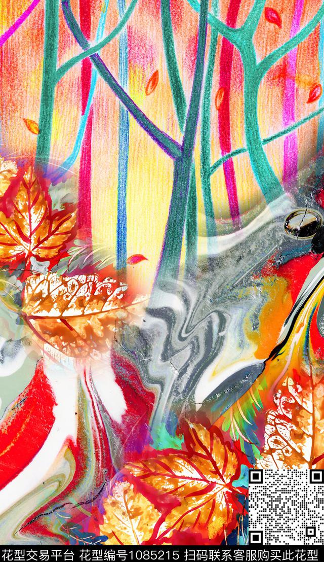 花卉定位花笔触数码印花华亿平台下载（图片编号: 1085215） - 瓦栏（Walan）