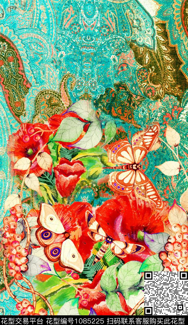 花卉定位花笔触数码印花华亿平台下载（图片编号: 1085225） - 瓦栏（Walan）