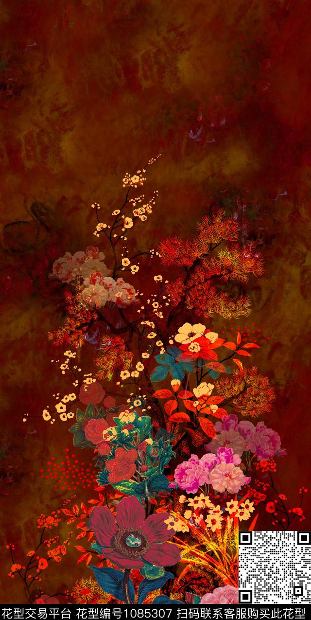 数码华亿平台连衣裙中国风定位花数码印花华亿平台下载（图片编号: 1085307） - 瓦栏（Walan）