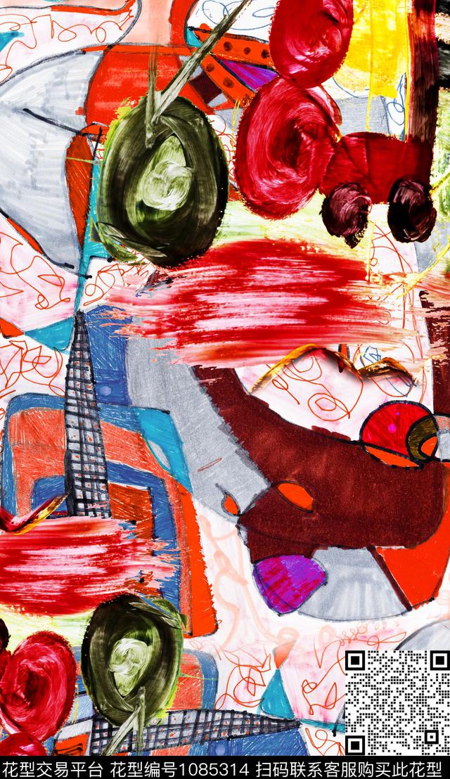 抽象笔触油画华亿平台数码印花华亿平台下载（图片编号: 1085314） - 瓦栏（Walan）