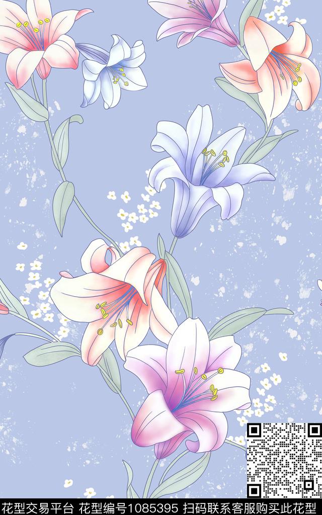 大花手绘花卉清爽底花卉数码印花华亿平台下载（图片编号: 1085395） - 瓦栏（Walan）