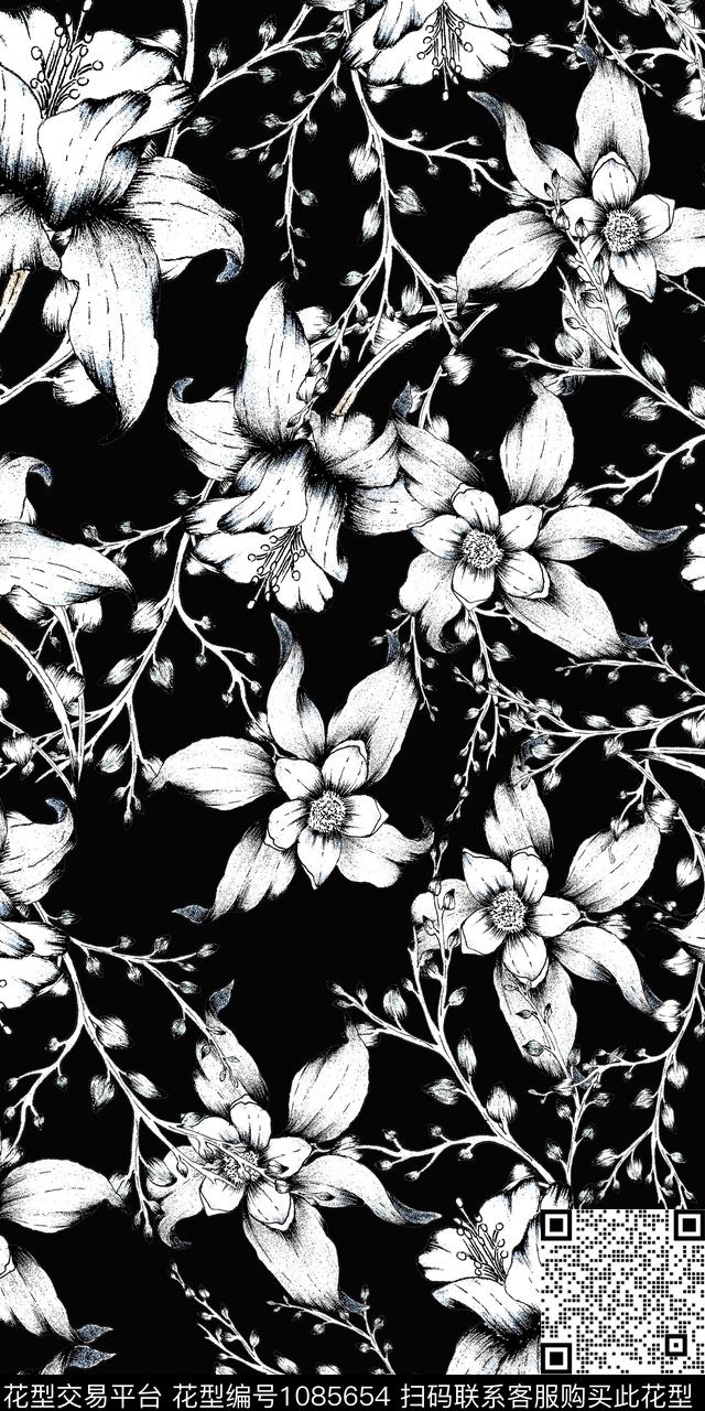黑白华亿平台数码华亿平台花卉数码印花华亿平台下载（图片编号: 1085654） - 瓦栏（Walan）