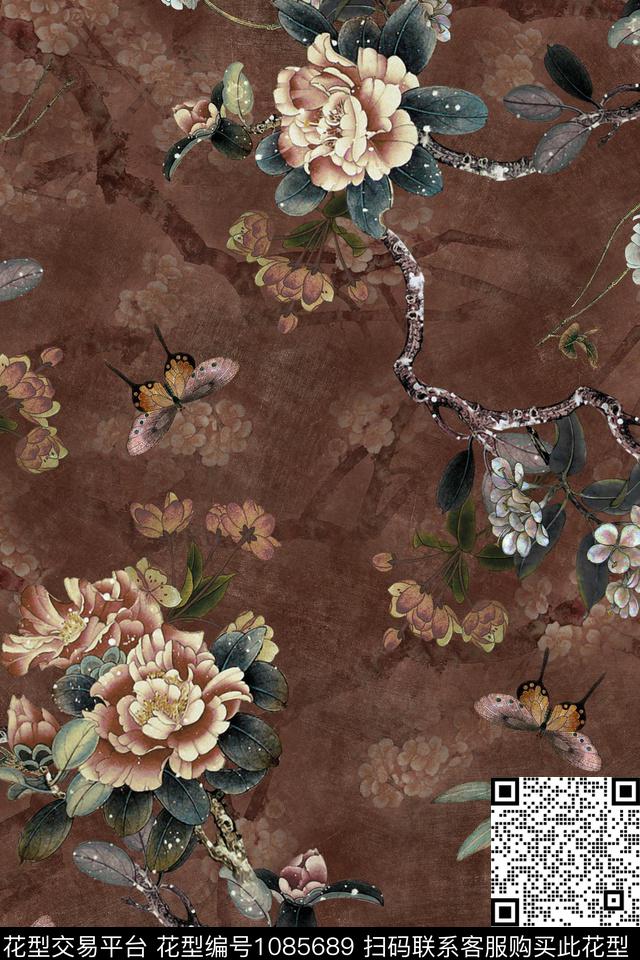 花卉树枝香云纱数码印花华亿平台下载（图片编号: 1085689） - 瓦栏（Walan）