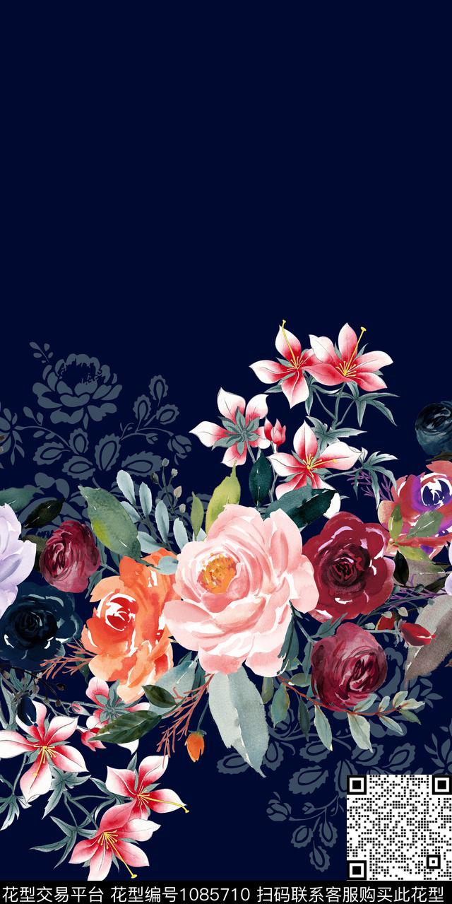 水彩花卉定位花百合数码印花华亿平台下载（图片编号: 1085710） - 瓦栏（Walan）