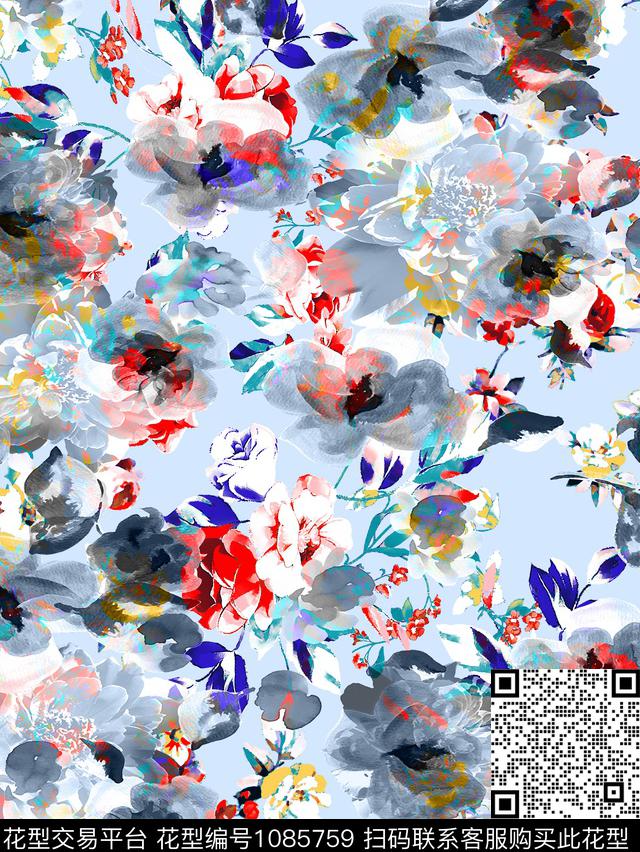 数码华亿平台抽象水彩花卉数码印花华亿平台下载（图片编号: 1085759） - 瓦栏（Walan）