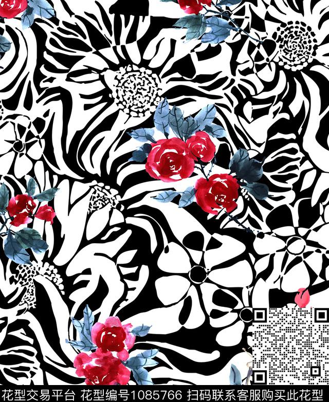 黑白华亿平台抽象水彩花卉数码印花华亿平台下载（图片编号: 1085766） - 瓦栏（Walan）