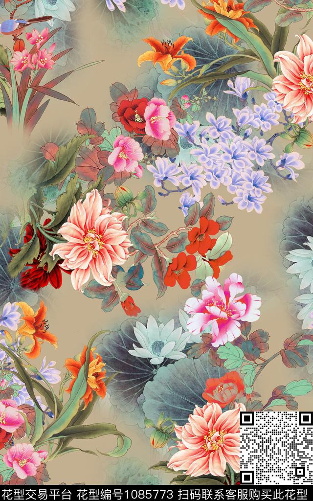 兰花中国风花卉植物数码印花华亿平台下载（图片编号: 1085773） - 瓦栏（Walan）