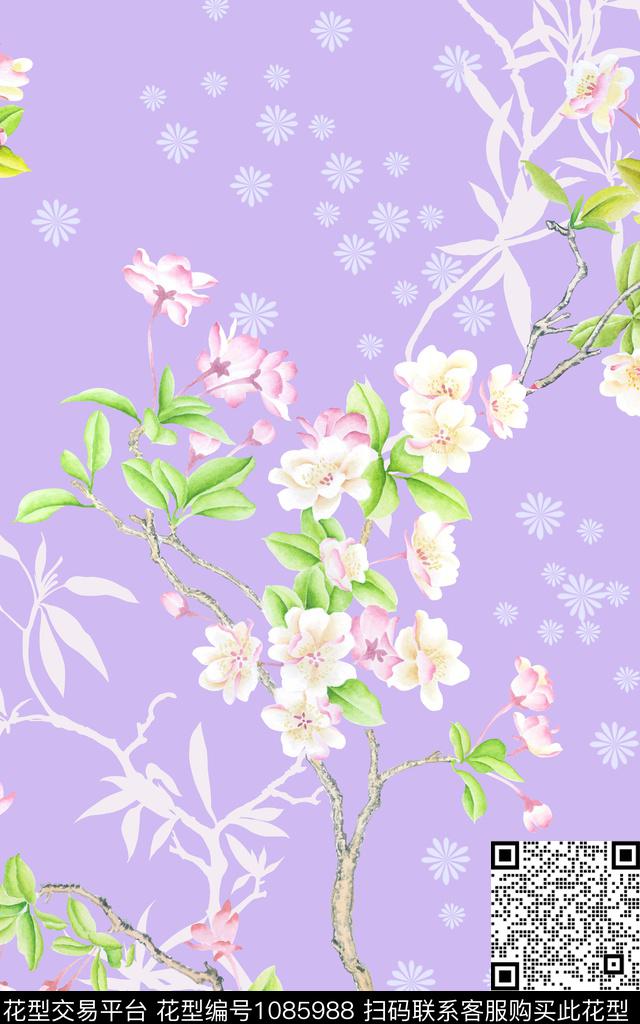 清爽底花卉手绘海棠花小华亿平台手绘数码印花华亿平台下载（图片编号: 1085988） - 瓦栏（Walan）