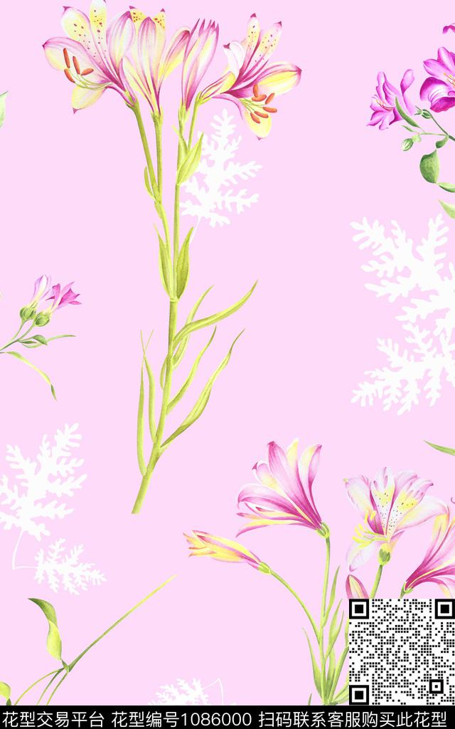 手绘花卉清爽底花卉年轻女性数码印花华亿平台下载（图片编号: 1086000） - 瓦栏（Walan）