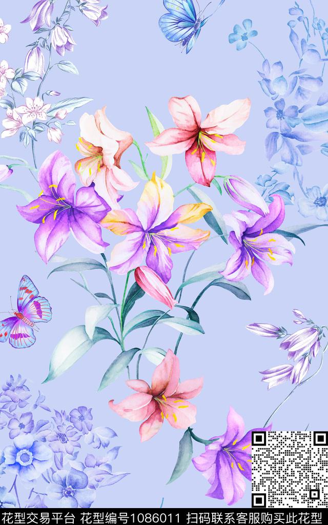 大花清爽底花卉百合手绘数码印花华亿平台下载（图片编号: 1086011） - 瓦栏（Walan）
