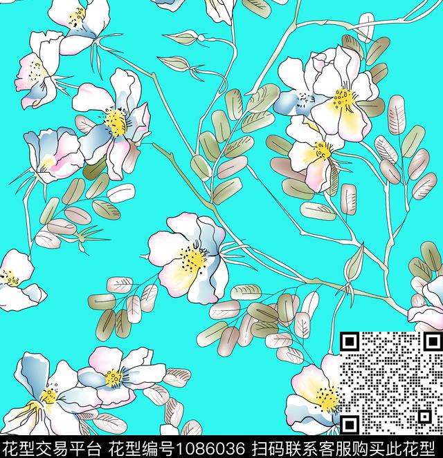 花卉清爽底花卉大牌风传统印花华亿平台下载（图片编号: 1086036） - 瓦栏（Walan）