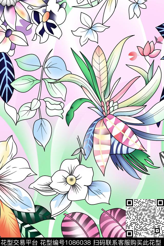花卉清爽底花卉数码印花华亿平台下载（图片编号: 1086038） - 瓦栏（Walan）