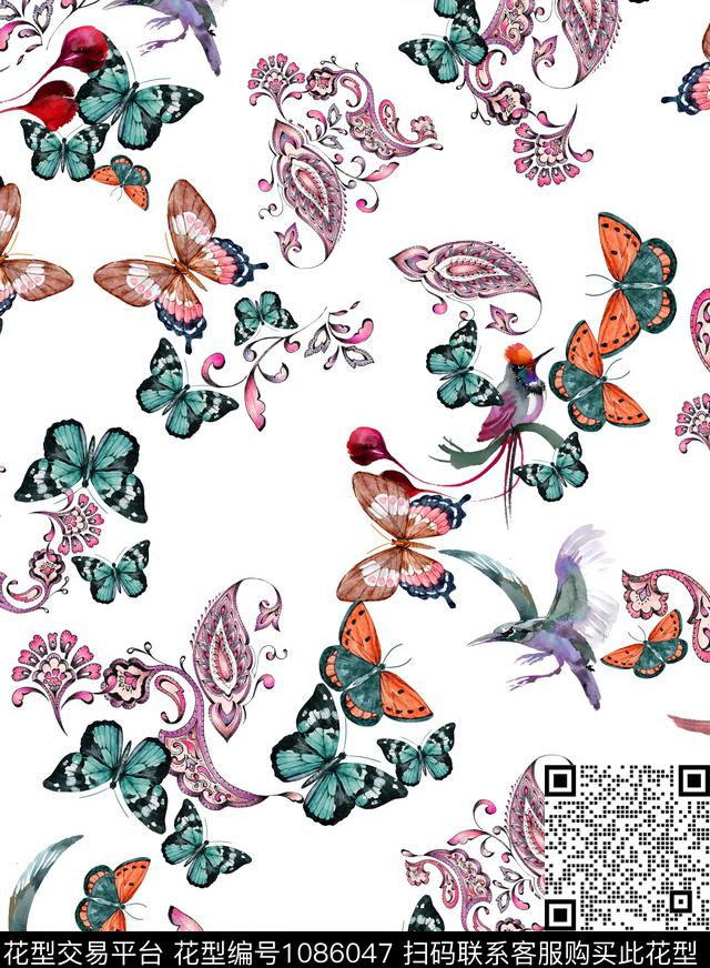 鸟昆虫蝴蝶数码印花华亿平台下载（图片编号: 1086047） - 瓦栏（Walan）