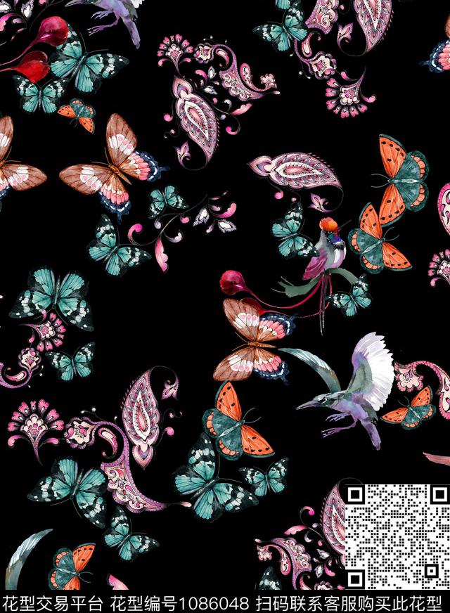 鸟昆虫蝴蝶数码印花华亿平台下载（图片编号: 1086048） - 瓦栏（Walan）