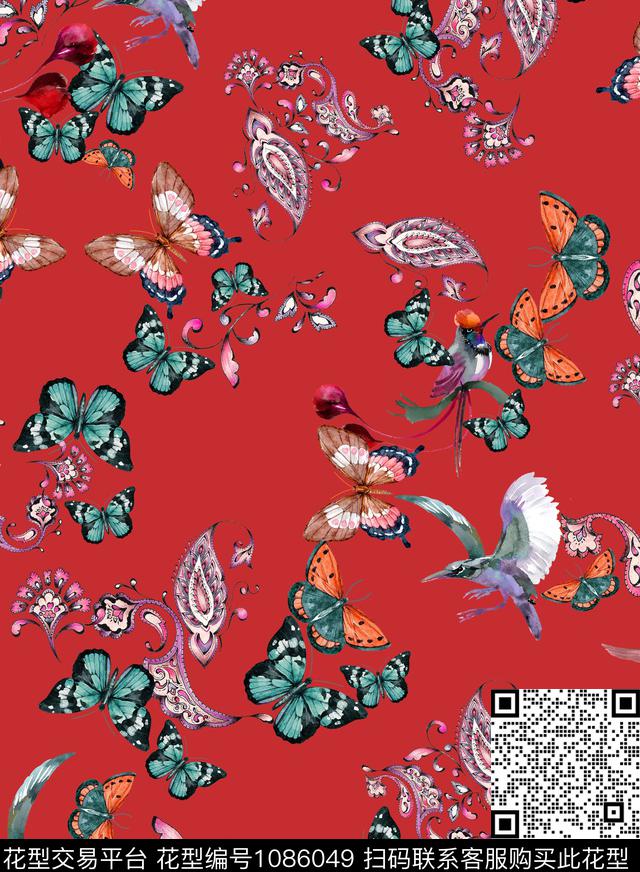 鸟昆虫蝴蝶数码印花华亿平台下载（图片编号: 1086049） - 瓦栏（Walan）