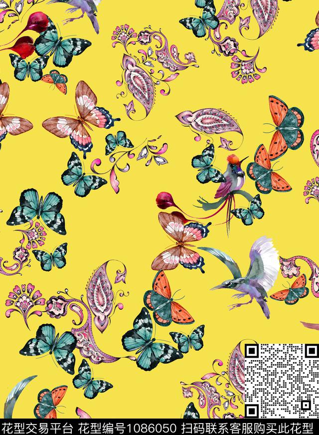 鸟昆虫蝴蝶数码印花华亿平台下载（图片编号: 1086050） - 瓦栏（Walan）