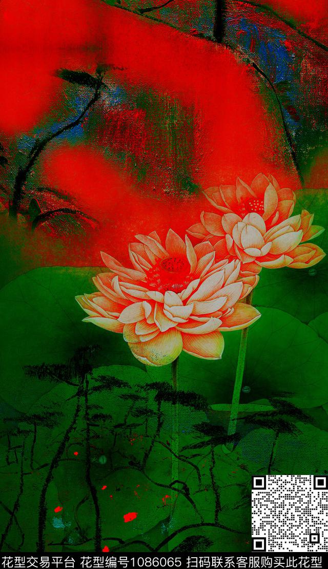 荷花复古中国风数码印花华亿平台下载（图片编号: 1086065） - 瓦栏（Walan）