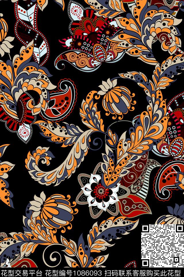 黑底花卉民族风女装数码印花华亿平台下载（图片编号: 1086093） - 瓦栏（Walan）