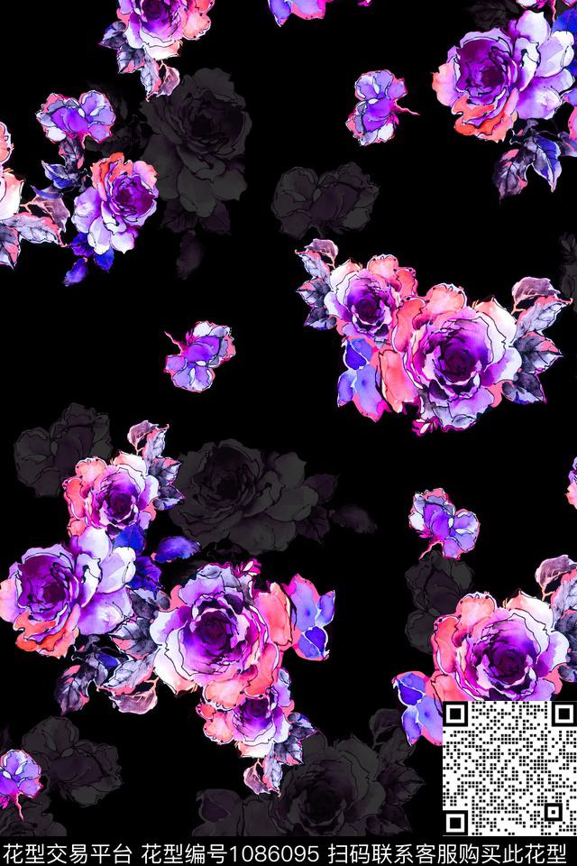 手绘花卉中老年底纹数码印花华亿平台下载（图片编号: 1086095） - 瓦栏（Walan）