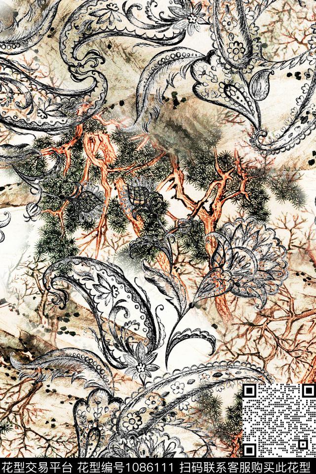 花卉复古中国风数码印花华亿平台下载（图片编号: 1086111） - 瓦栏（Walan）