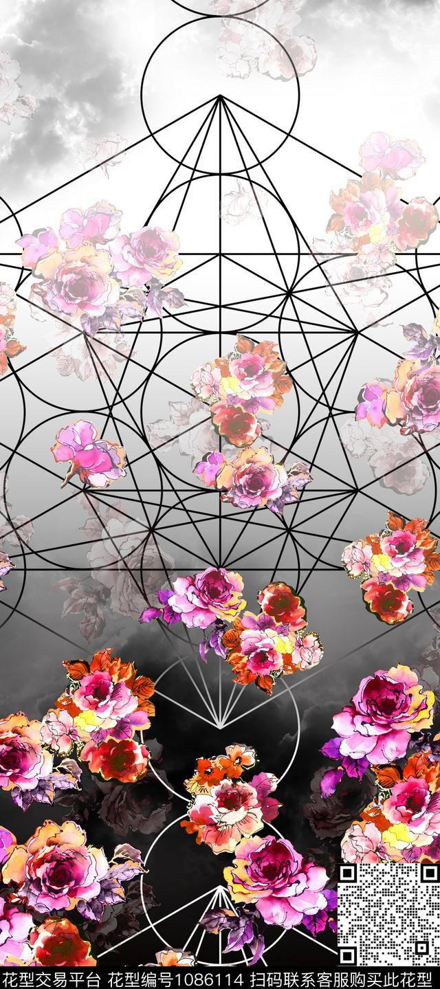 手绘花卉渐变幻想数码印花华亿平台下载（图片编号: 1086114） - 瓦栏（Walan）