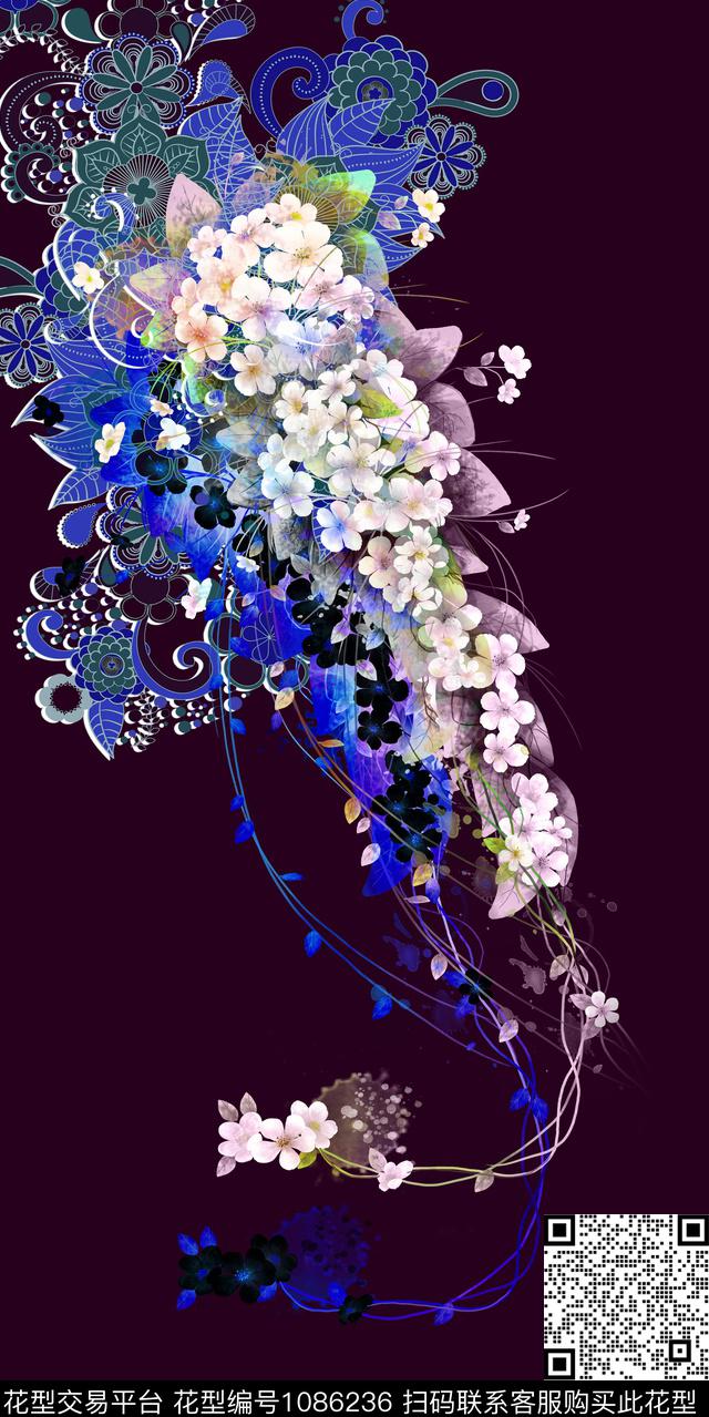水彩花卉定位花大牌风数码印花华亿平台下载（图片编号: 1086236） - 瓦栏（Walan）
