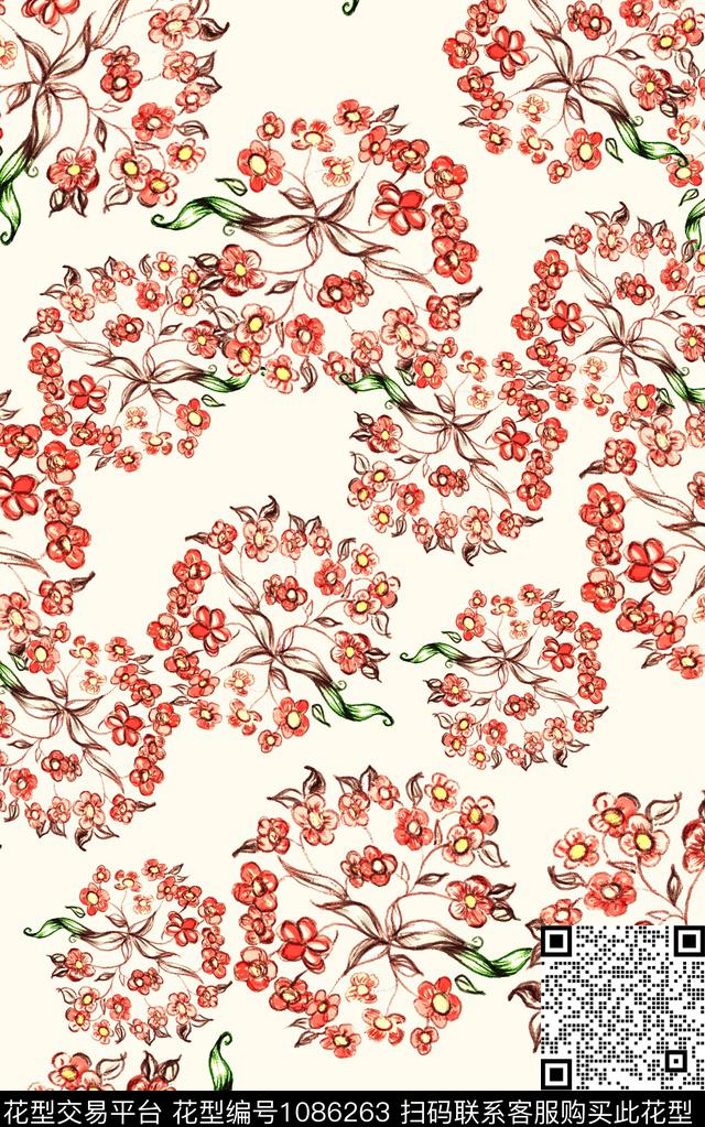 数码华亿平台小碎花线条花卉数码印花华亿平台下载（图片编号: 1086263） - 瓦栏（Walan）