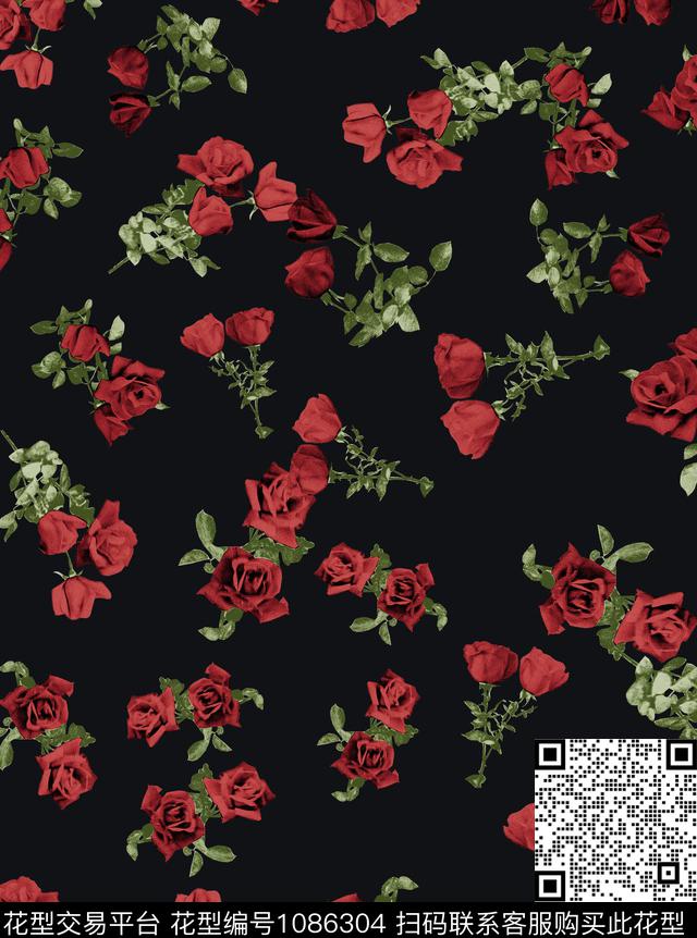 小碎花玫瑰花绿植树叶数码印花华亿平台下载（图片编号: 1086304） - 瓦栏（Walan）