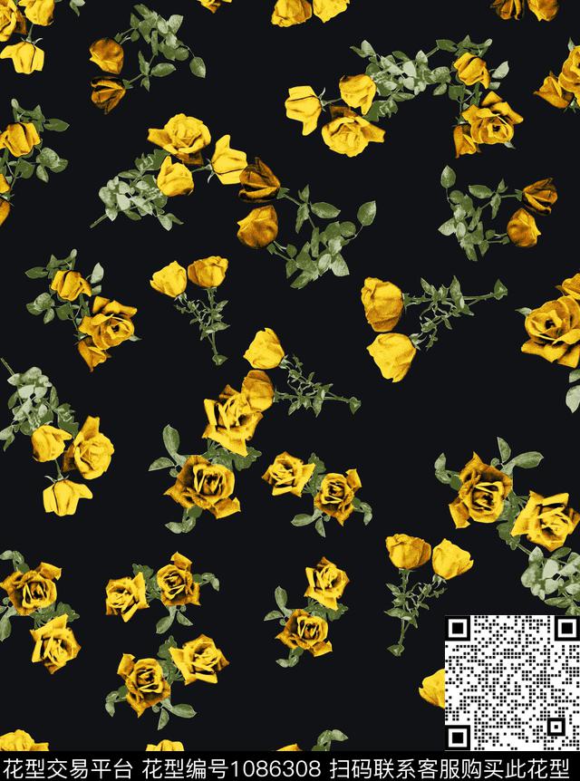 小碎花玫瑰花绿植树叶数码印花华亿平台下载（图片编号: 1086308） - 瓦栏（Walan）