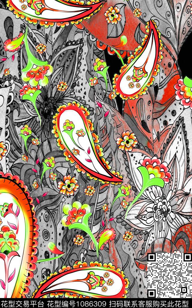 民族风线条佩斯利数码印花华亿平台下载（图片编号: 1086309） - 瓦栏（Walan）