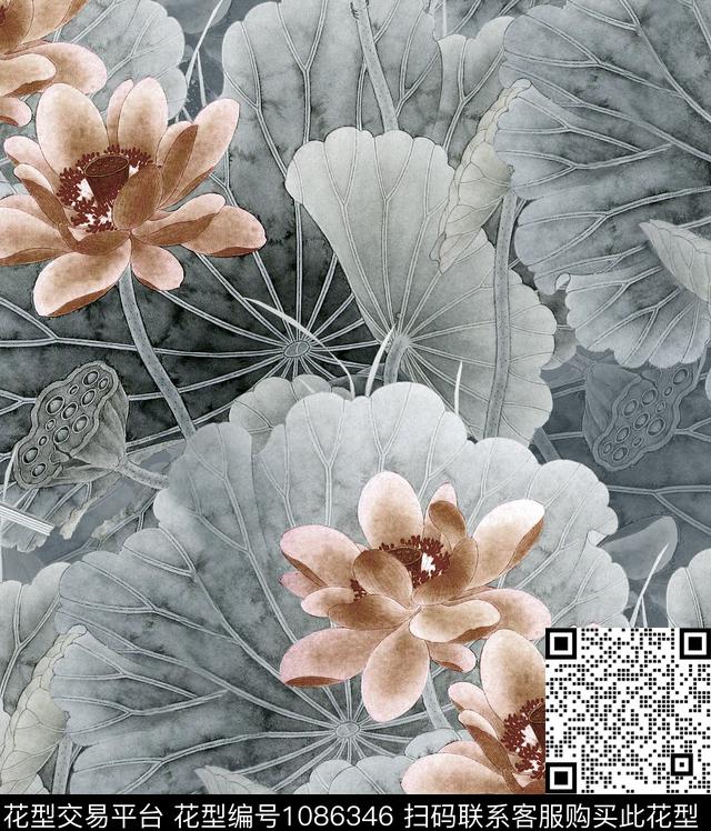 香云纱荷花中国风数码印花华亿平台下载（图片编号: 1086346） - 瓦栏（Walan）