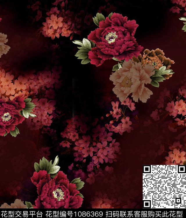 香云纱牡丹中国风数码印花华亿平台下载（图片编号: 1086369） - 瓦栏（Walan）