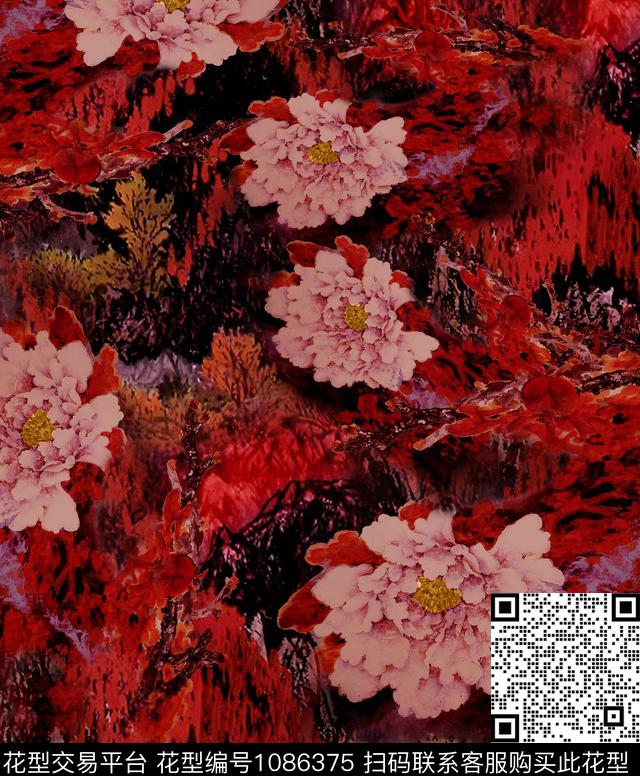 香云纱牡丹中国风数码印花华亿平台下载（图片编号: 1086375） - 瓦栏（Walan）