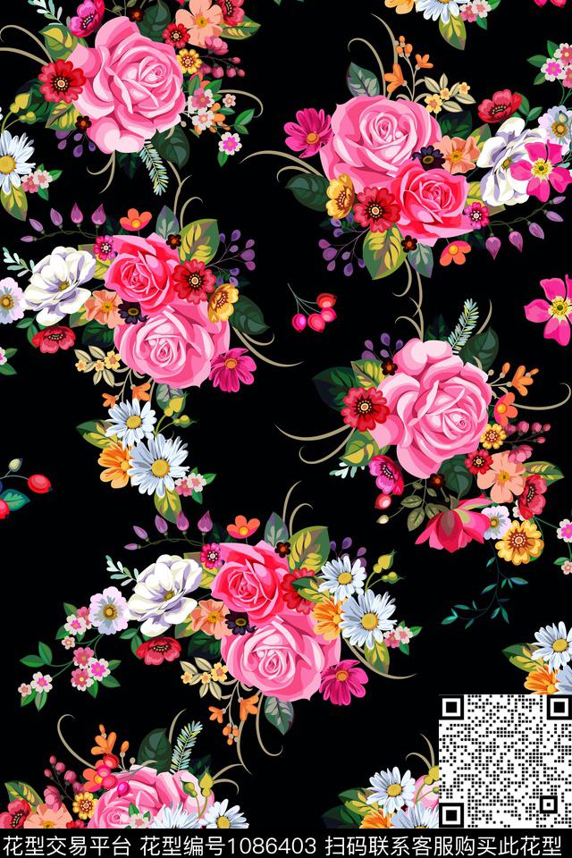 菊花玫瑰花樱桃数码印花华亿平台下载（图片编号: 1086403） - 瓦栏（Walan）