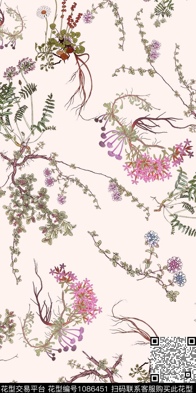 小碎花绿植树叶手绘花卉传统印花华亿平台下载（图片编号: 1086451） - 瓦栏（Walan）