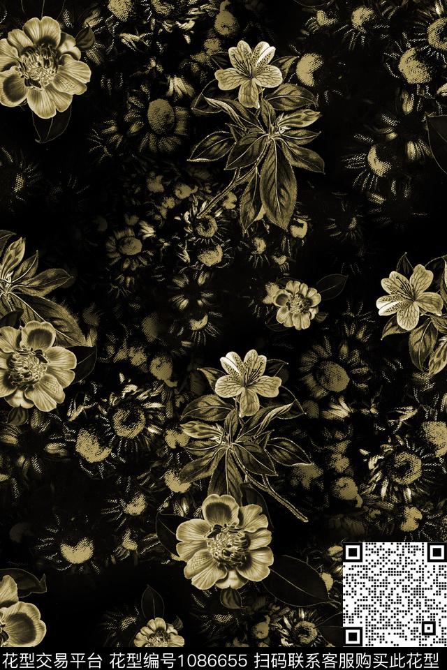 黑底花卉小碎花女装数码印花华亿平台下载（图片编号: 1086655） - 瓦栏（Walan）
