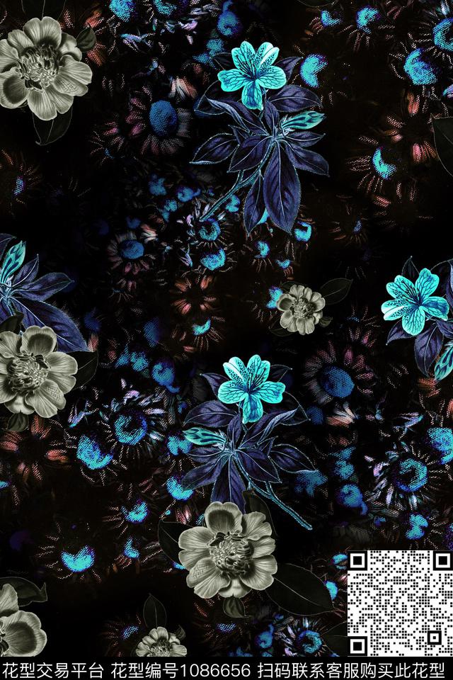 黑底花卉小碎花女装数码印花华亿平台下载（图片编号: 1086656） - 瓦栏（Walan）