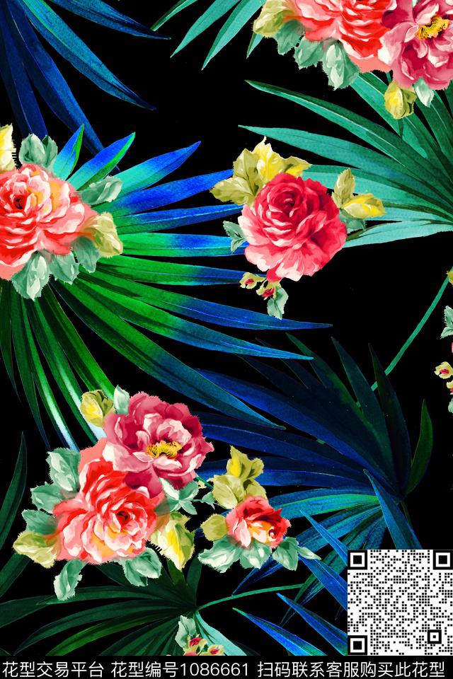 手绘花卉中老年热带华亿平台数码印花华亿平台下载（图片编号: 1086661） - 瓦栏（Walan）