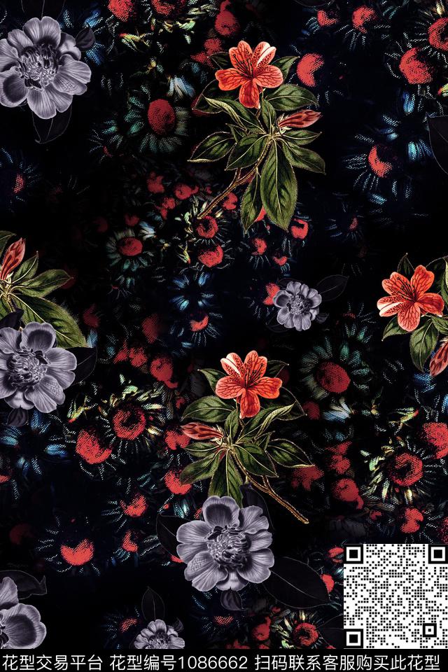 黑底花卉女装数码印花华亿平台下载（图片编号: 1086662） - 瓦栏（Walan）