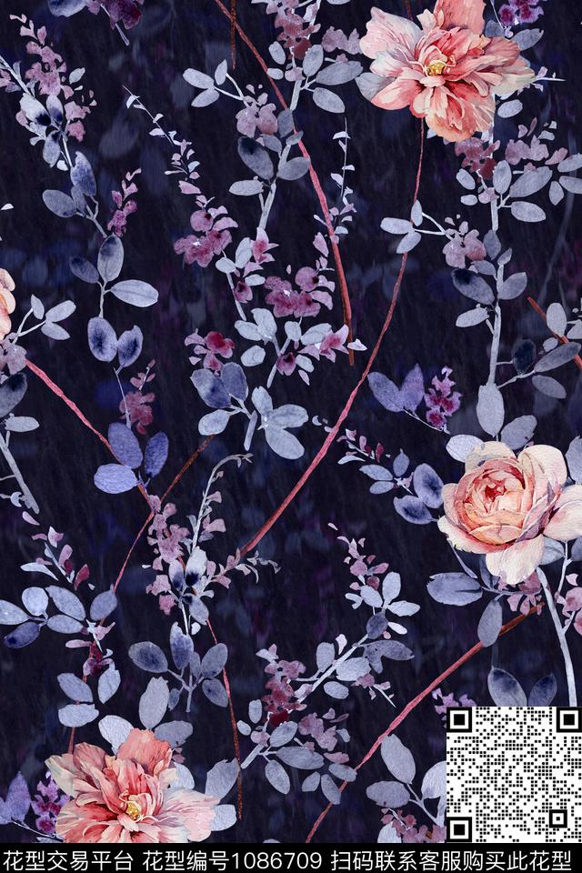 花卉满版散花阴影数码印花华亿平台下载（图片编号: 1086709） - 瓦栏（Walan）