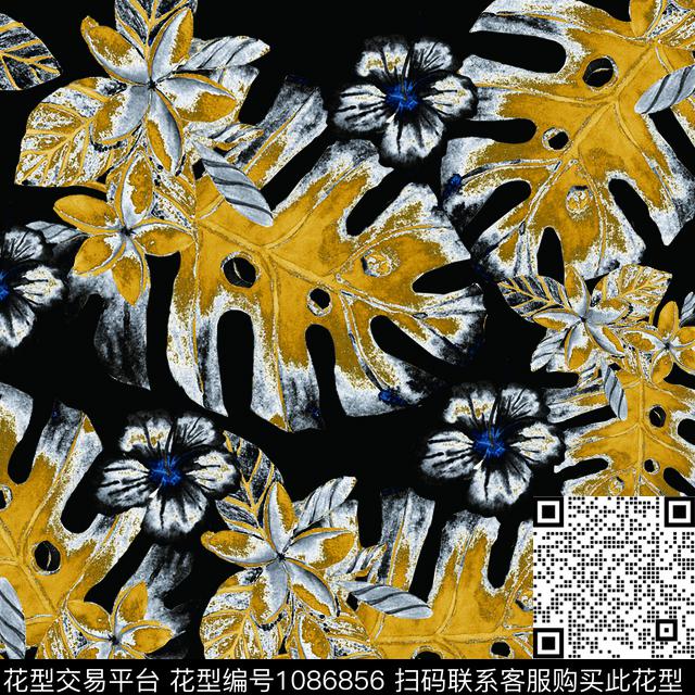 趣味热带华亿平台绿植树叶数码印花华亿平台下载（图片编号: 1086856） - 瓦栏（Walan）