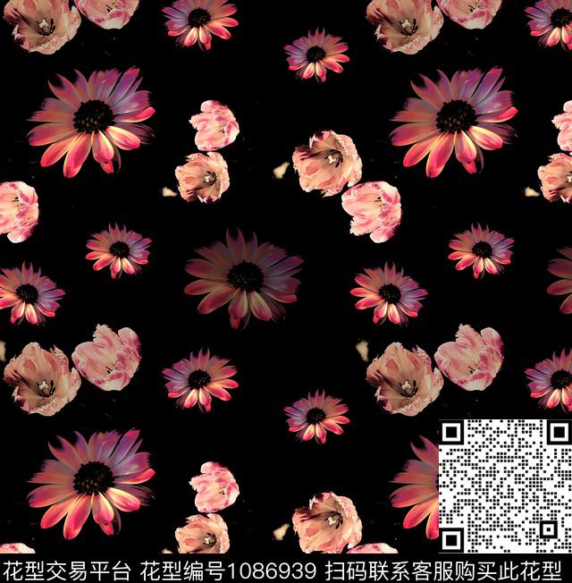 黑底花卉郁金香菊花数码印花华亿平台下载（图片编号: 1086939） - 瓦栏（Walan）