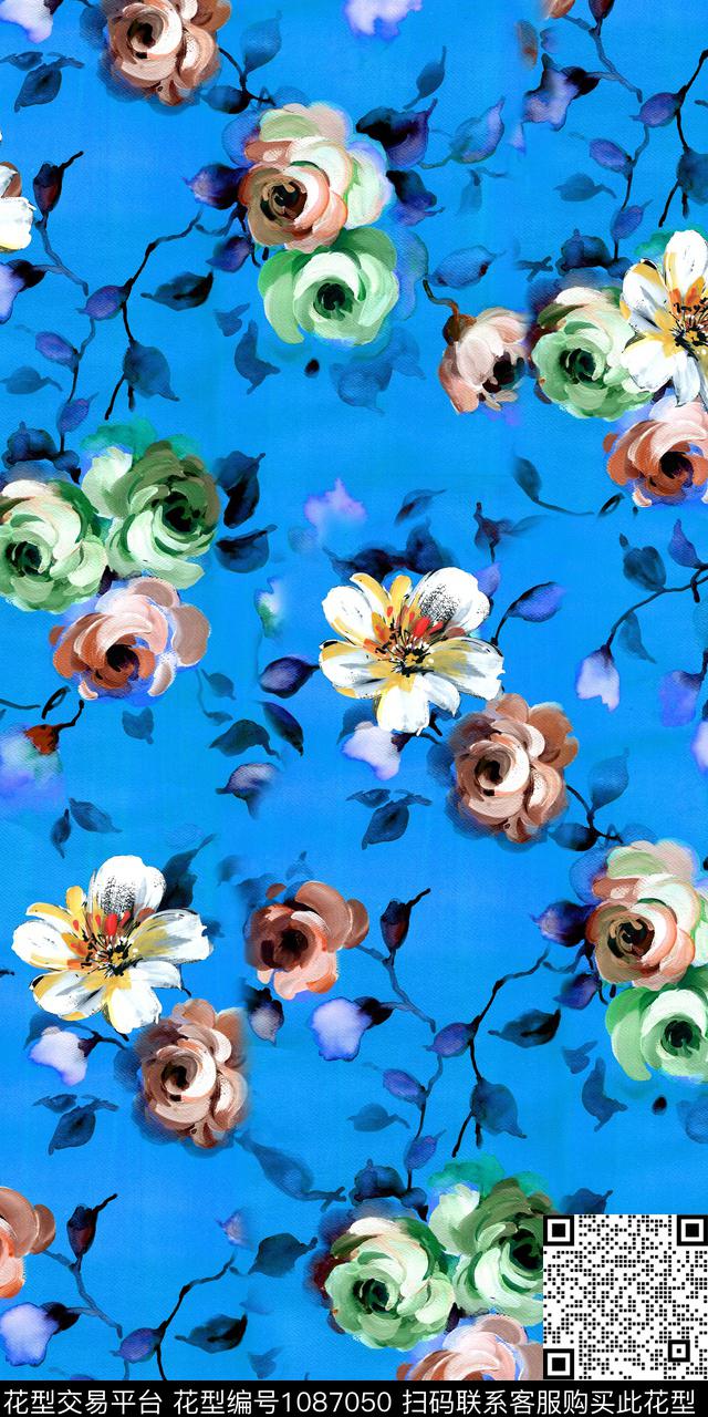 手绘花卉清爽底花卉数码印花华亿平台下载（图片编号: 1087050） - 瓦栏（Walan）