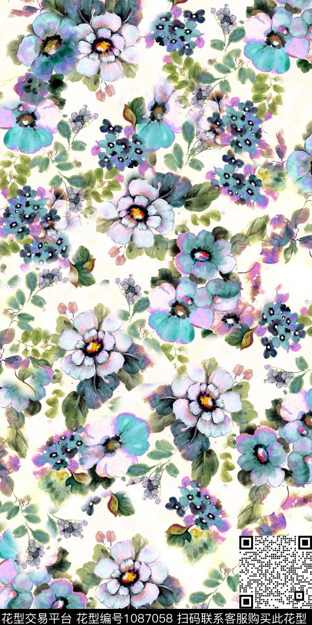 抽象花卉小碎花手绘花卉数码印花华亿平台下载（图片编号: 1087058） - 瓦栏（Walan）