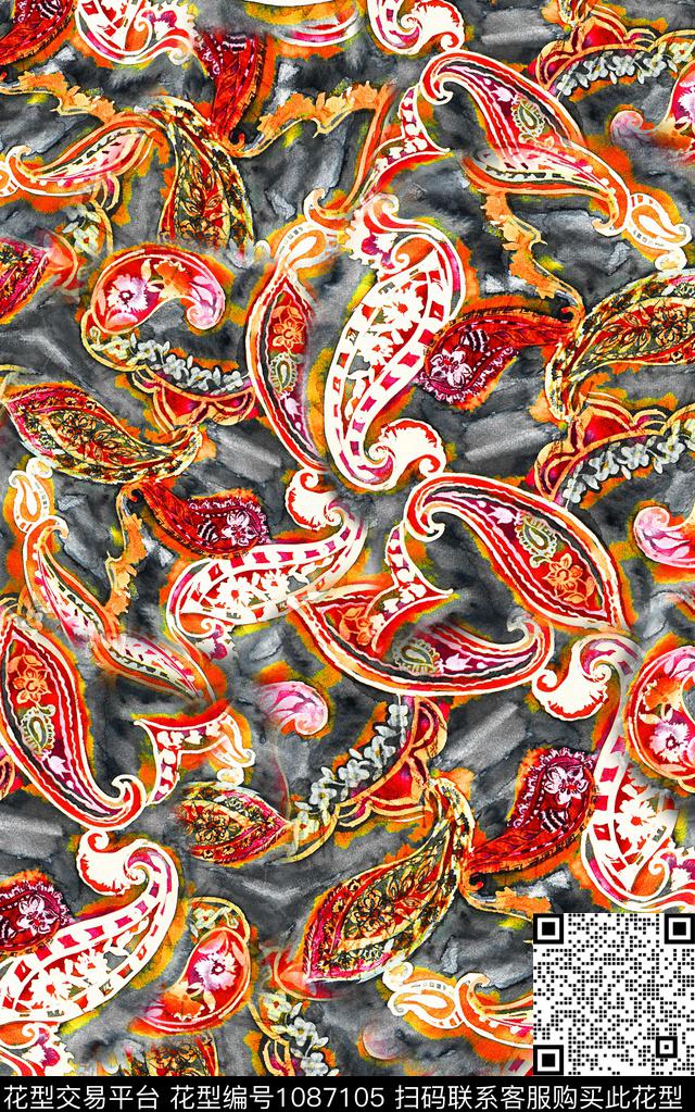 民族风笔触佩斯利数码印花华亿平台下载（图片编号: 1087105） - 瓦栏（Walan）